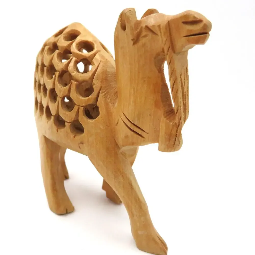 Vintage Hand Carved Wood Camel Figurine w Baby Camel Inside Pierced Carving